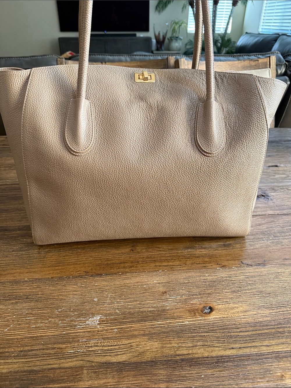 Structured Pebbled Tote in Taupe with Gold Accent